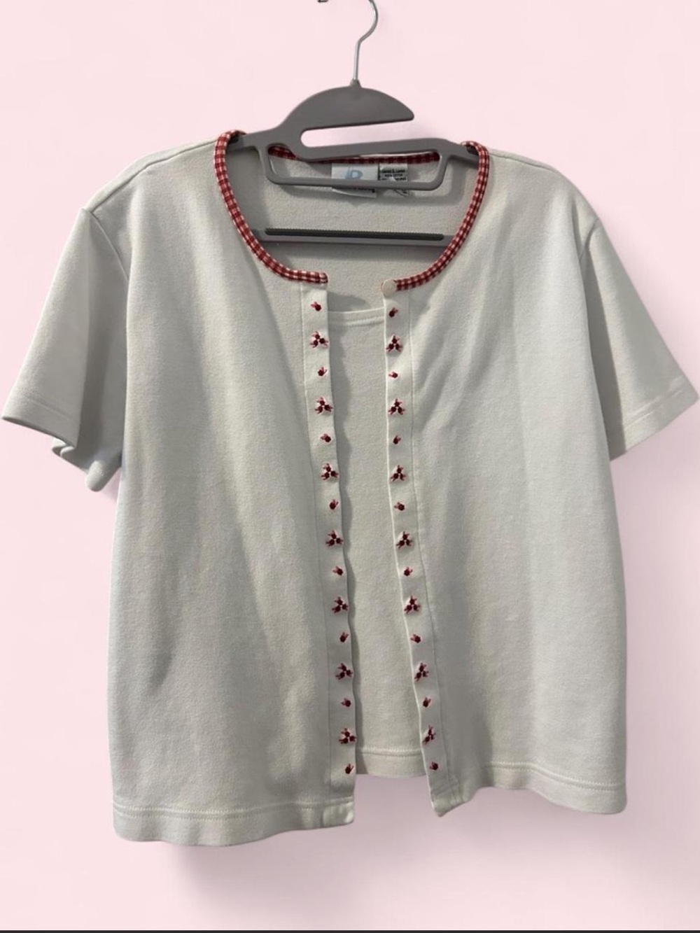 Vintage Bobbie Brooks White Short-Sleeve Button Cardigan with Red Trim
